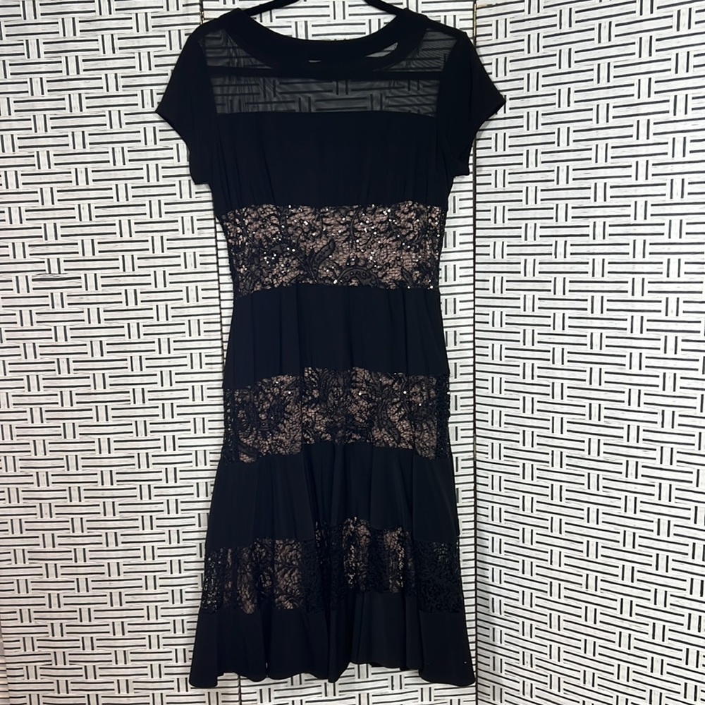 R&M Richard’s short sleeve black, sheer lace sequin cocktail dress